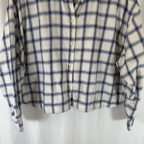 Madewell Flannel Shirt Women's 1X White Blue Plaid Button Up Long Sleeve Cropped - Picture 3 of 10
